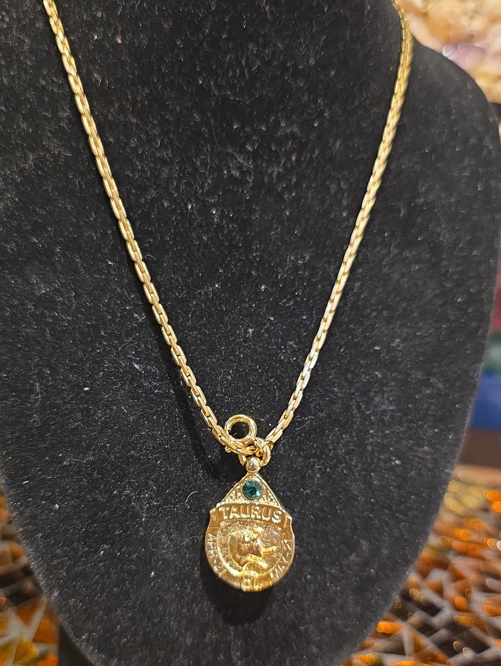 Source Unknown Gold Taurus Pendant Necklace with Green Accent